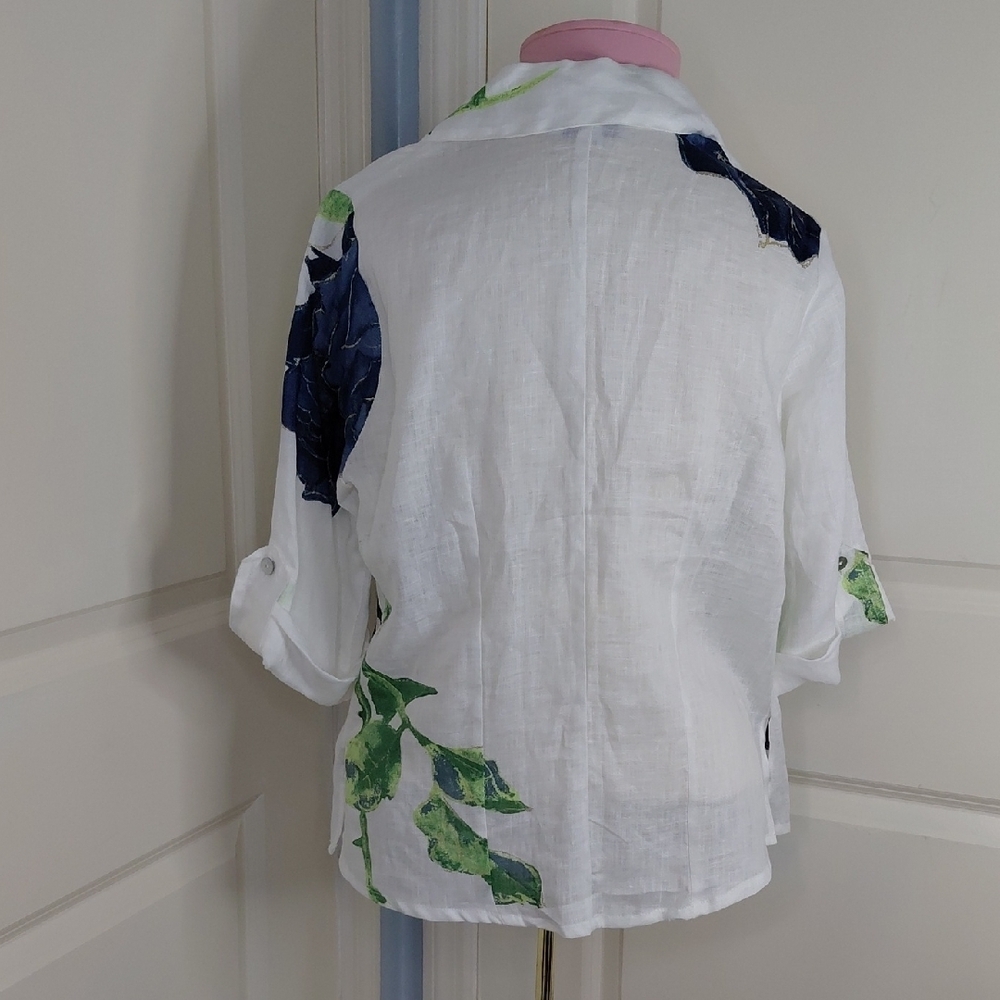 Sagimar Floral Button Down 100% Linen Shirt Blue, White Sz S - Picture 2 of 10